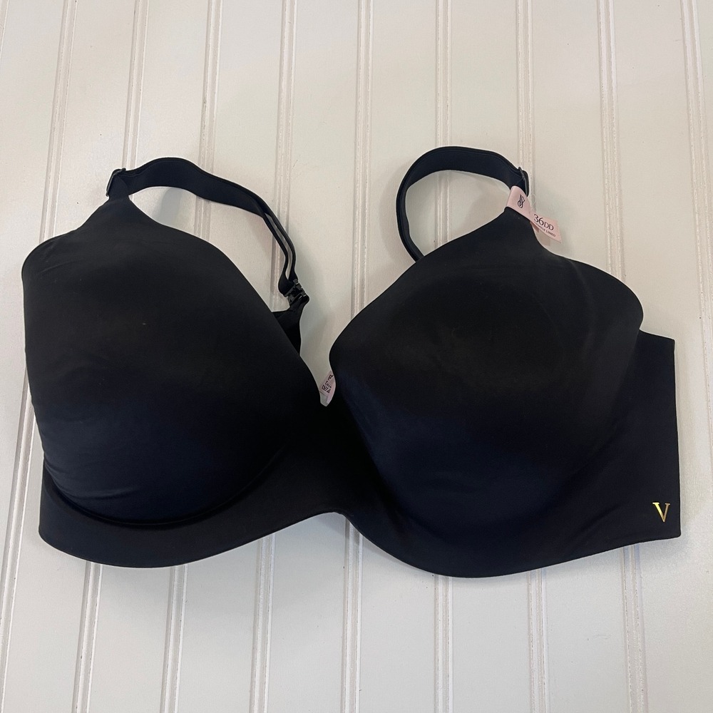 NWOT Victorias Secret Black Lightly Lined Perfect Coverage Bra 36DD Gold V Logo